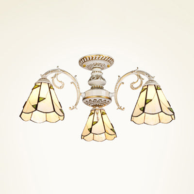 Conical Semi Flush Light Vintage Lodge Stained Glass 3/5 Heads Flush Ceiling Light in White/Antique Brass for Foyer 3 White Clearhalo 'Ceiling Lights' 'Close To Ceiling Lights' 'Close to ceiling' 'Glass shade' 'Glass' 'Semi-flushmount' 'Tiffany close to ceiling' 'Tiffany' Lighting' 27769