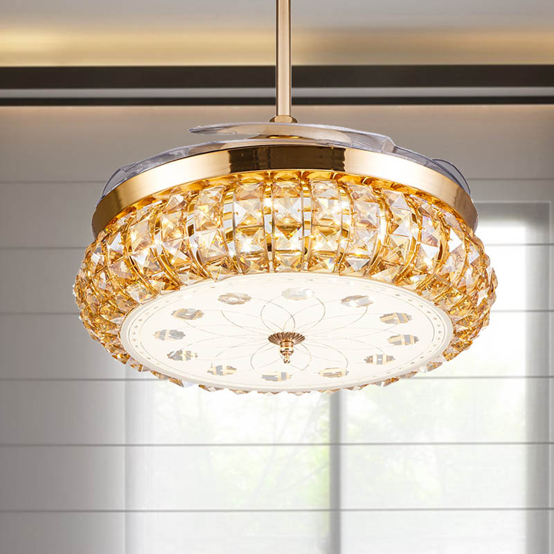 Modern Style LED Downrod Ceiling Fan Round Faceted Crystal Wall Control/Remote Control Indoor Lighting in Gold Clearhalo 'Ceiling Fans with Lights' 'Ceiling Fans' 'Modern Ceiling Fans' 'Modern' Lighting' 279125