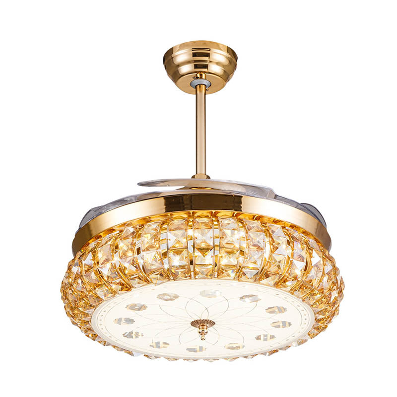 Modern Style LED Downrod Ceiling Fan Round Faceted Crystal Wall Control/Remote Control Indoor Lighting in Gold Clearhalo 'Ceiling Fans with Lights' 'Ceiling Fans' 'Modern Ceiling Fans' 'Modern' Lighting' 279128