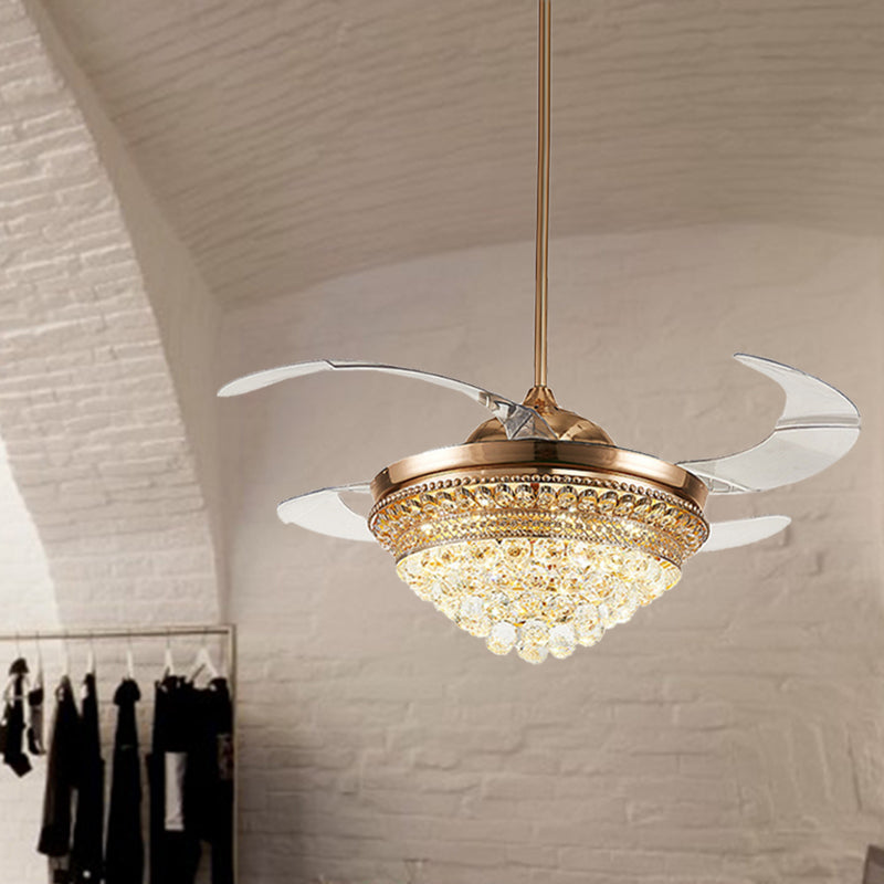 Conical LED Indoor Fan Light Fixture Minimalist Crystal Ball 4 Retractable Blades Ceiling Lighting in Gold Gold Clearhalo 'Ceiling Fans with Lights' 'Ceiling Fans' 'Modern Ceiling Fans' 'Modern' Lighting' 279142