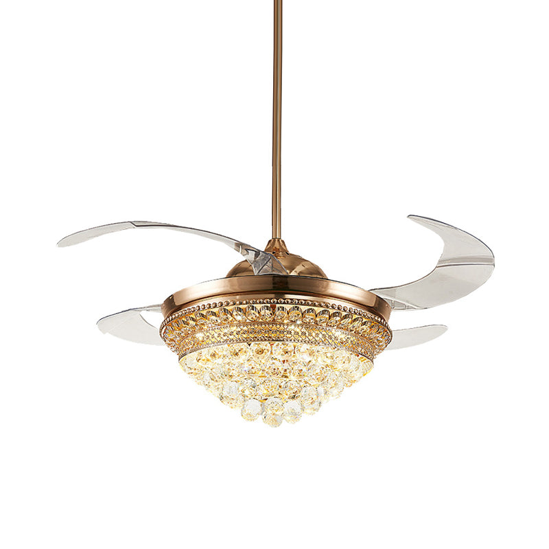 Conical LED Indoor Fan Light Fixture Minimalist Crystal Ball 4 Retractable Blades Ceiling Lighting in Gold Clearhalo 'Ceiling Fans with Lights' 'Ceiling Fans' 'Modern Ceiling Fans' 'Modern' Lighting' 279146