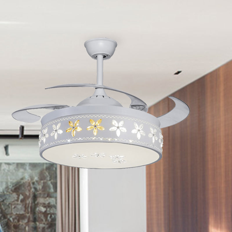 Embedded Crystal Flower LED Ceiling Fan Simple Style 4-Blade White Hanging Lamp Kit Clearhalo 'Ceiling Fans with Lights' 'Ceiling Fans' 'Modern Ceiling Fans' 'Modern' Lighting' 279150