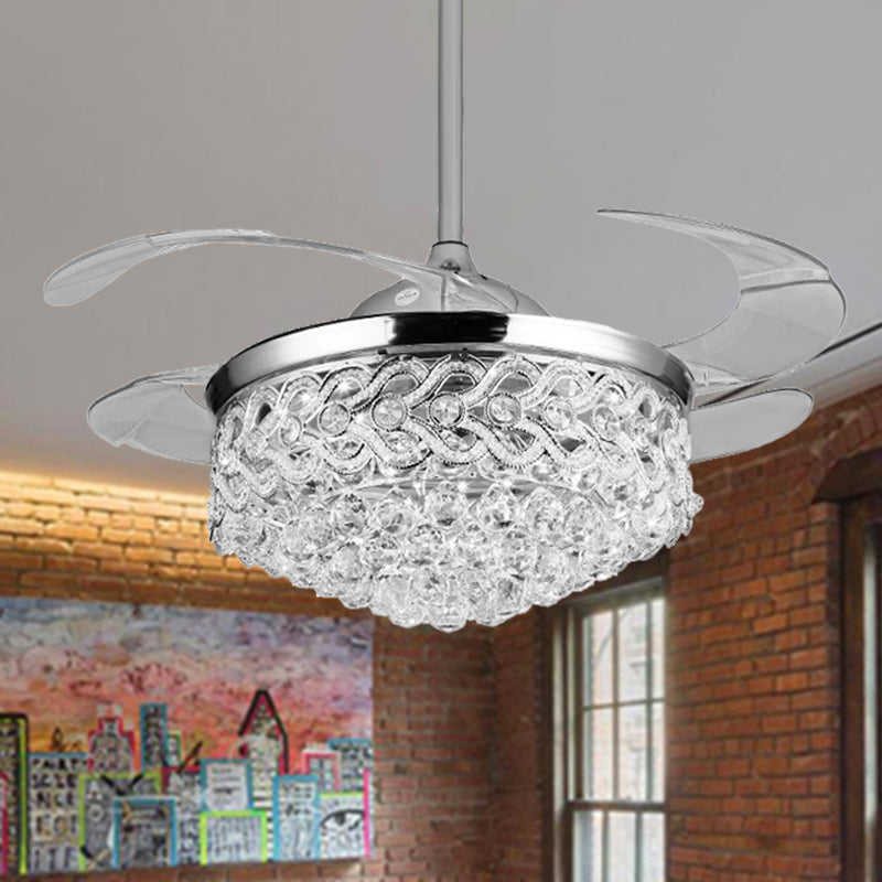 Simple Tapered Ceiling Fan Light Crystal Orbs Chrome/Gold Finish LED Hanging Lamp with Frequency Conversion/Remote Control/Wall Control Chrome Clearhalo 'Ceiling Fans with Lights' 'Ceiling Fans' 'Modern Ceiling Fans' 'Modern' Lighting' 279223