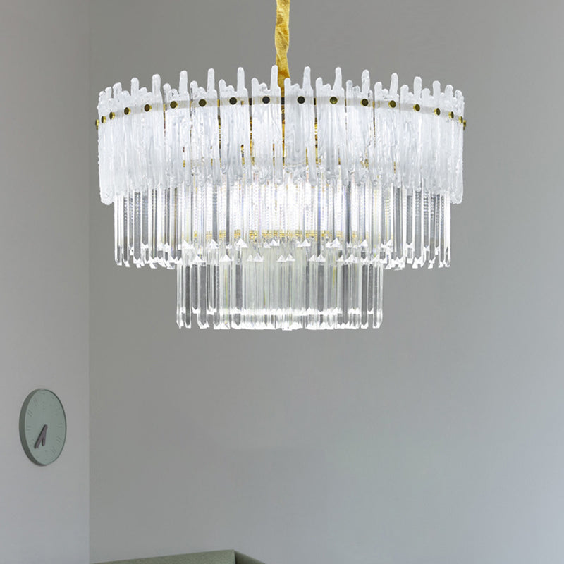 3 Tiers Clear Crystal Rod Pendant Chandelier Modernism 12 Lights Gold Suspension Light Clear Clearhalo 'Ceiling Lights' 'Chandeliers' 'Clear' 'Industrial' 'Modern Chandeliers' 'Modern' 'Tiffany' 'Traditional Chandeliers' Lighting' 279454