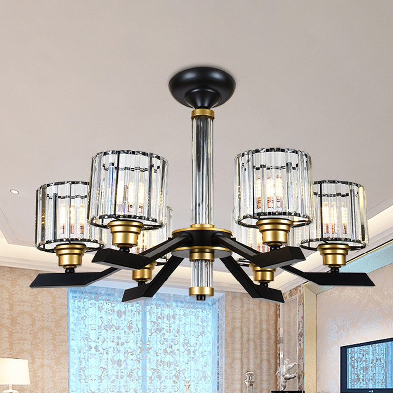 Tri-Sided Crystal Rod Cylinder Pendant Lighting Contemporary 6/8 Heads Black Hanging Chandelier Clearhalo 'Ceiling Lights' 'Chandeliers' Lighting' options 279792
