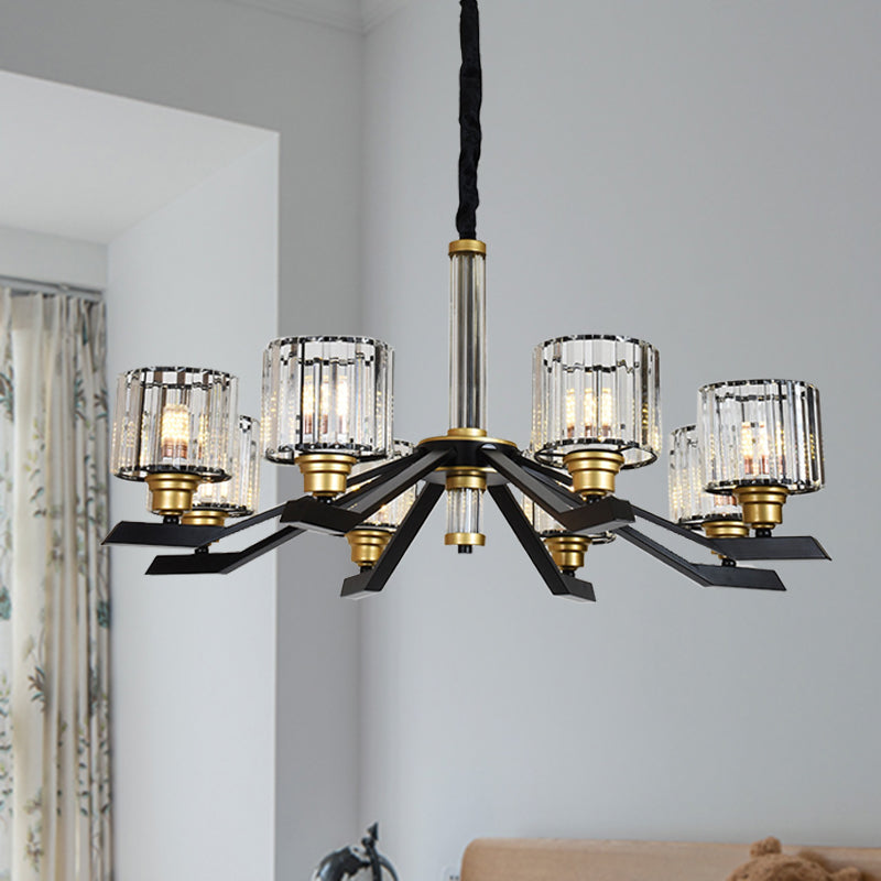 Tri-Sided Crystal Rod Cylinder Pendant Lighting Contemporary 6/8 Heads Black Hanging Chandelier Clearhalo 'Ceiling Lights' 'Chandeliers' Lighting' options 279799