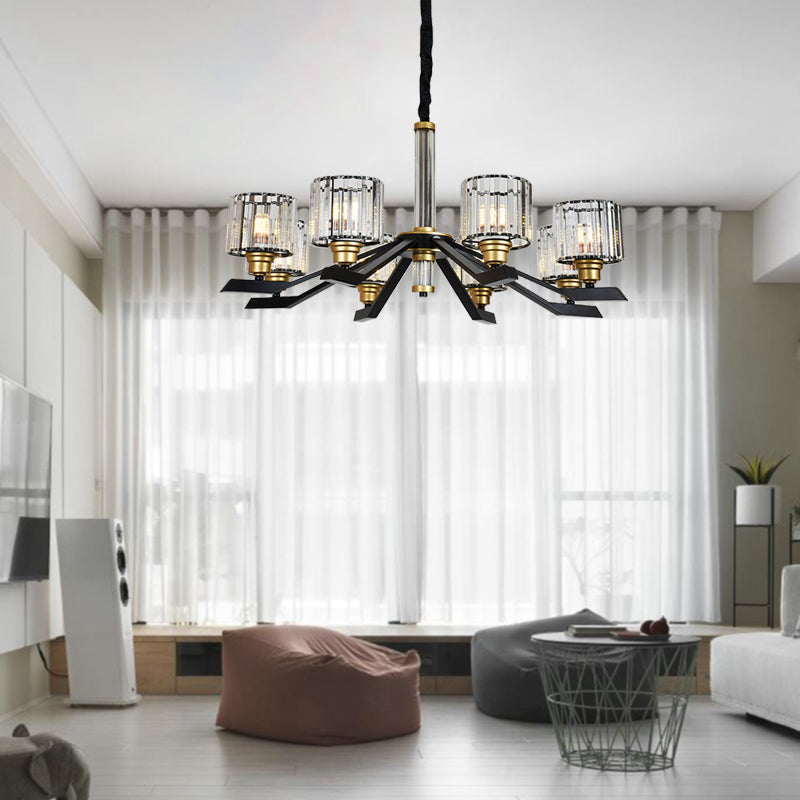 Tri-Sided Crystal Rod Cylinder Pendant Lighting Contemporary 6/8 Heads Black Hanging Chandelier Clearhalo 'Ceiling Lights' 'Chandeliers' Lighting' options 279800