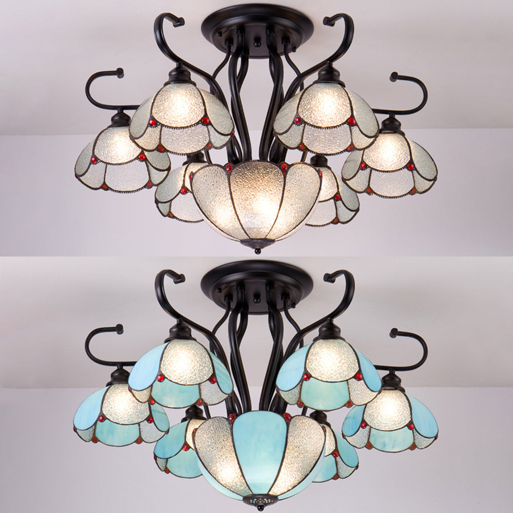 Multi Light Scalloped Ceiling Light Stained Glass Tiffany Style Semi Flush Lighting in Blue/Clear Clearhalo 'Ceiling Lights' 'Close To Ceiling Lights' 'Close to ceiling' 'Glass shade' 'Glass' 'Semi-flushmount' 'Tiffany close to ceiling' 'Tiffany' Lighting' 28037