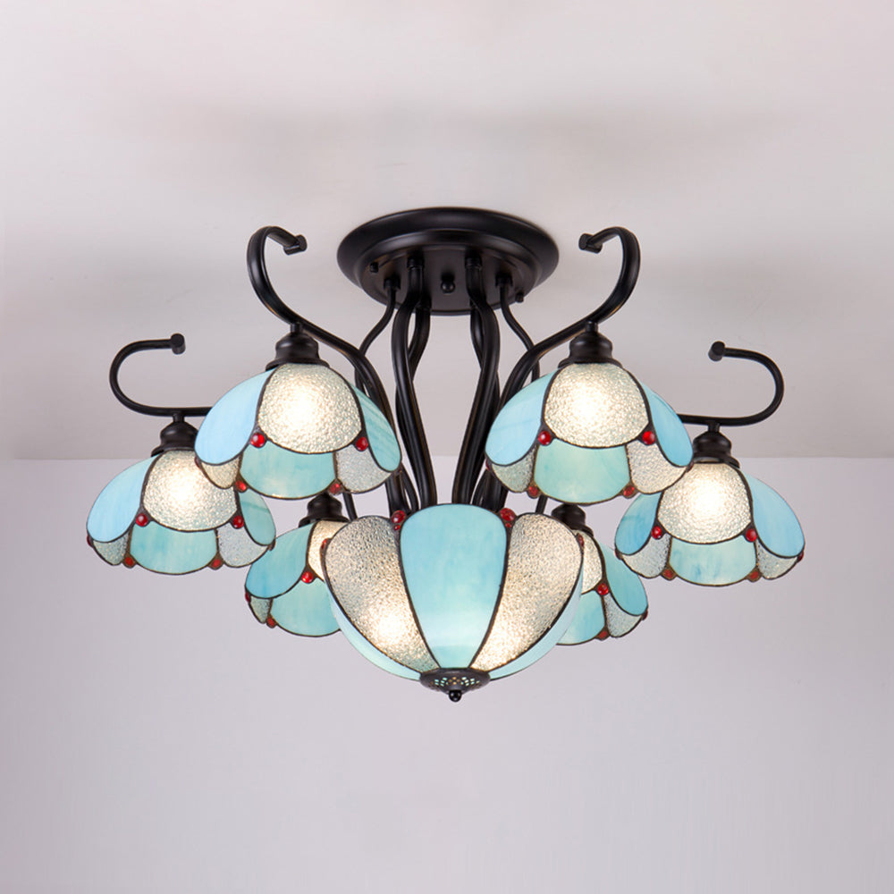 Multi Light Scalloped Ceiling Light Stained Glass Tiffany Style Semi Flush Lighting in Blue/Clear Blue Clearhalo 'Ceiling Lights' 'Close To Ceiling Lights' 'Close to ceiling' 'Glass shade' 'Glass' 'Semi-flushmount' 'Tiffany close to ceiling' 'Tiffany' Lighting' 28038