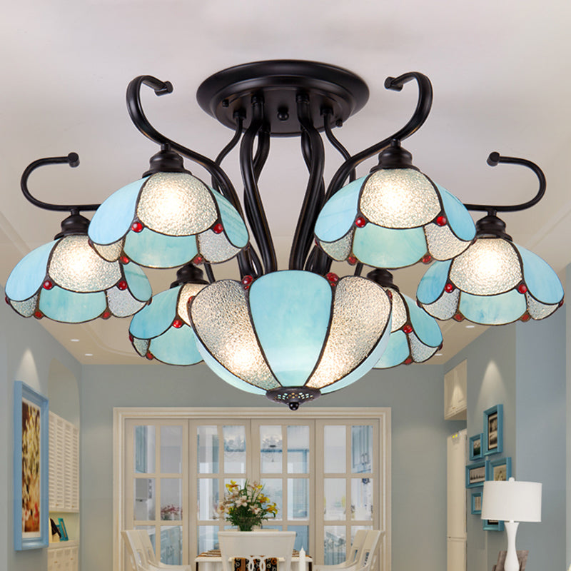 Multi Light Scalloped Ceiling Light Stained Glass Tiffany Style Semi Flush Lighting in Blue/Clear Clear Clearhalo 'Ceiling Lights' 'Close To Ceiling Lights' 'Close to ceiling' 'Glass shade' 'Glass' 'Semi-flushmount' 'Tiffany close to ceiling' 'Tiffany' Lighting' 28039