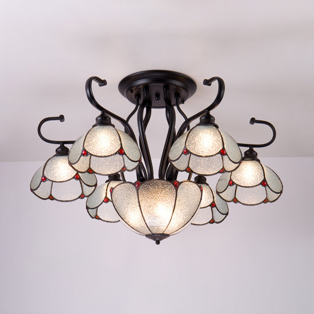 Multi Light Scalloped Ceiling Light Stained Glass Tiffany Style Semi Flush Lighting in Blue/Clear Clearhalo 'Ceiling Lights' 'Close To Ceiling Lights' 'Close to ceiling' 'Glass shade' 'Glass' 'Semi-flushmount' 'Tiffany close to ceiling' 'Tiffany' Lighting' 28041