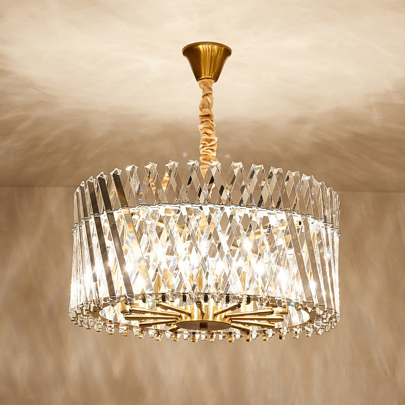 Tri-Sided Crystal Rod Drum Ceiling Light Contemporary 10 Heads Chandelier Light Fixture Clearhalo 'Ceiling Lights' 'Chandeliers' 'Modern Chandeliers' 'Modern' Lighting' 280960
