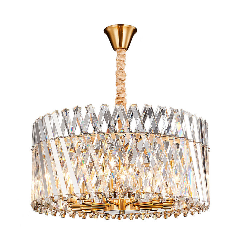 Tri-Sided Crystal Rod Drum Ceiling Light Contemporary 10 Heads Chandelier Light Fixture Clearhalo 'Ceiling Lights' 'Chandeliers' 'Modern Chandeliers' 'Modern' Lighting' 280963