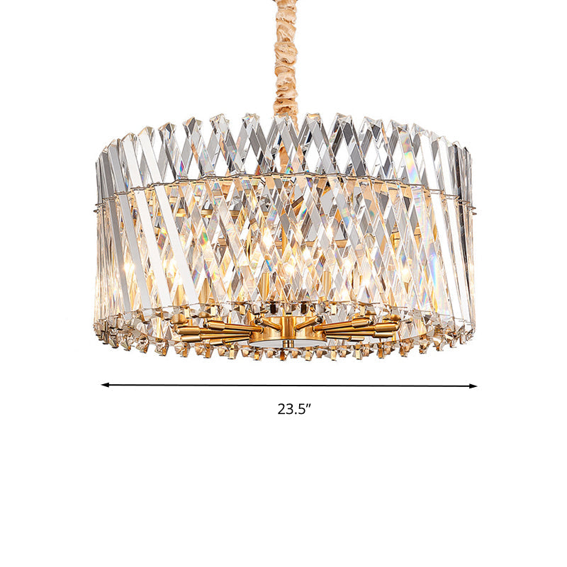 Tri-Sided Crystal Rod Drum Ceiling Light Contemporary 10 Heads Chandelier Light Fixture Clearhalo 'Ceiling Lights' 'Chandeliers' 'Modern Chandeliers' 'Modern' Lighting' 280964