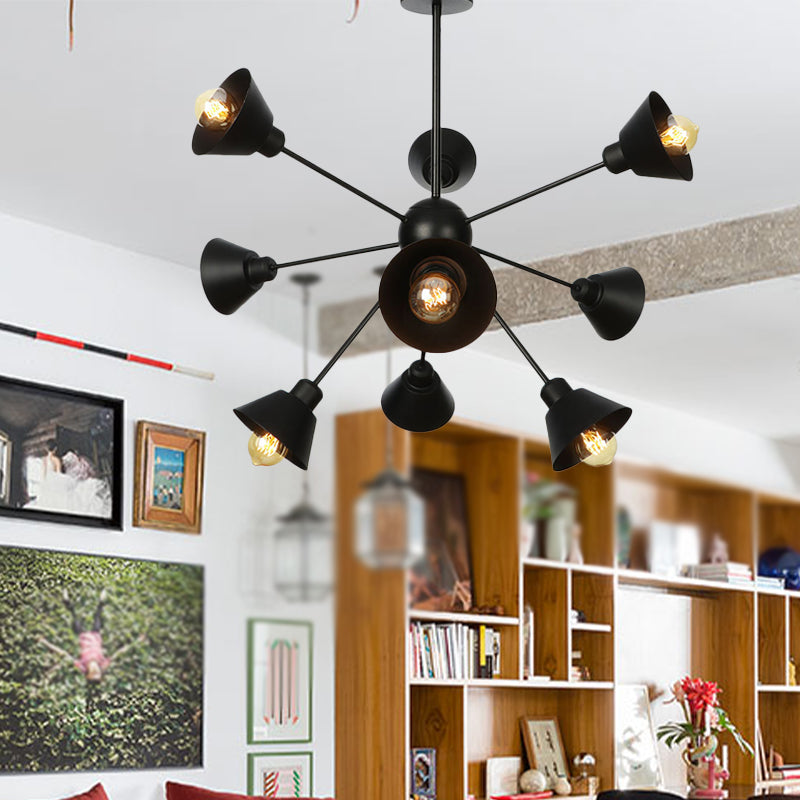 Cone Shade Metal Hanging Lamp Industrial Stylish 9/12/15 Lights Black Chandelier Pendant Light with Sputnik Design Clearhalo 'Cast Iron' 'Ceiling Lights' 'Chandeliers' 'Industrial Chandeliers' 'Industrial' 'Metal' 'Middle Century Chandeliers' 'Rustic Chandeliers' 'Tiffany' Lighting' 281109