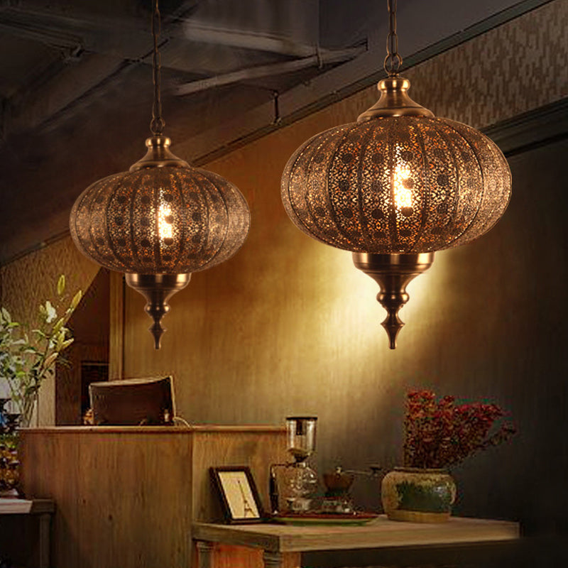 Metallic Teardrop/Lantern Hanging Pendant Retro 1 Light Brass Exquisite Hollowed Ceiling Lamp, 16