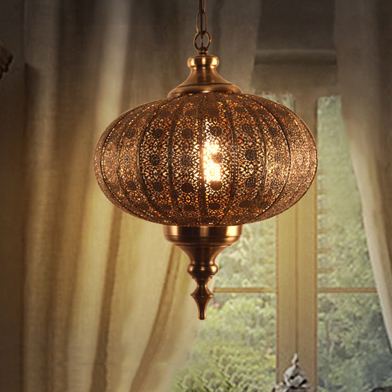 Metallic Teardrop/Lantern Hanging Pendant Retro 1 Light Brass Exquisite Hollowed Ceiling Lamp, 16