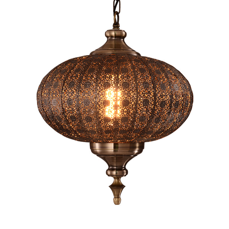 Metallic Teardrop/Lantern Hanging Pendant Retro 1 Light Brass Exquisite Hollowed Ceiling Lamp, 16