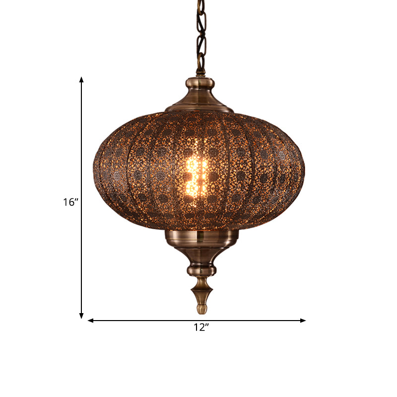 Metallic Teardrop/Lantern Hanging Pendant Retro 1 Light Brass Exquisite Hollowed Ceiling Lamp, 16