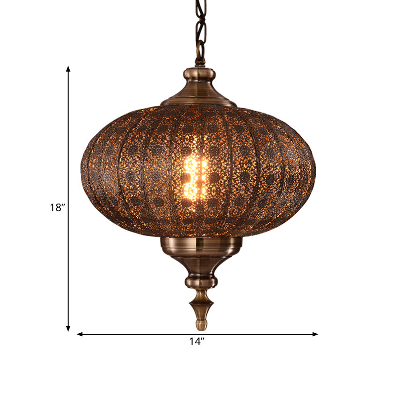 Metallic Teardrop/Lantern Hanging Pendant Retro 1 Light Brass Exquisite Hollowed Ceiling Lamp, 16