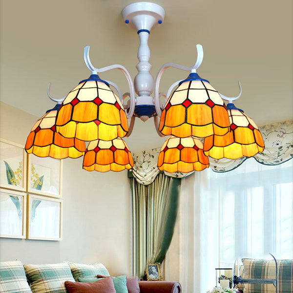 Dome Semi Flush Light Tiffany Style 6 Heads Blue/Orange Glass Semi Flush Mount in White Finish Orange Clearhalo 'Ceiling Lights' 'Close To Ceiling Lights' 'Close to ceiling' 'Glass shade' 'Glass' 'Semi-flushmount' 'Tiffany close to ceiling' 'Tiffany' Lighting' 28164