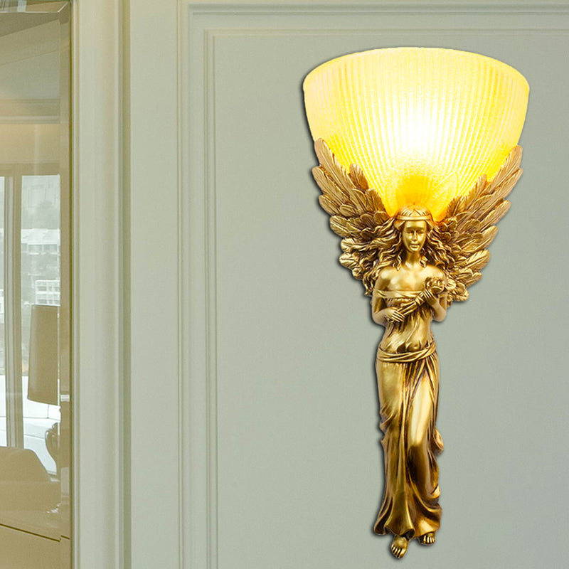 Gold/Silver/White Angel Sconce Lighting Country Style Resin 1 Bulb Foyer Wall Mount Light with Yellow Glass Bowl Shade Clearhalo 'Wall Lamps & Sconces' 'Wall Lights' Lighting' 282059