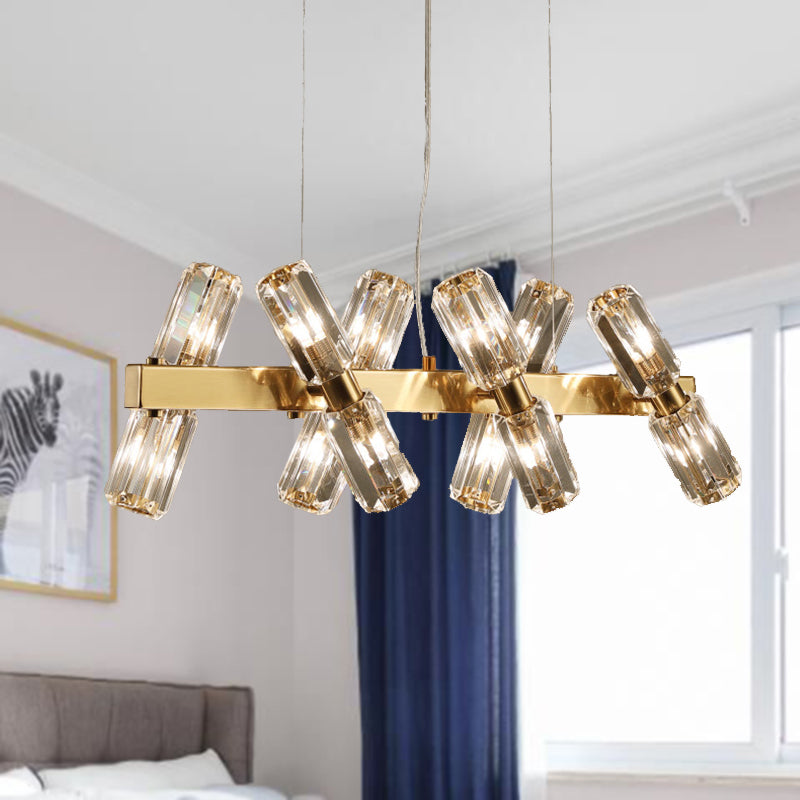 Tubular Chandelier Lamp Traditionary Beveled Crystal 12/16 Bulbs Gold Hanging Pendant Light Clearhalo 'Ceiling Lights' 'Chandeliers' Lighting' options 282176