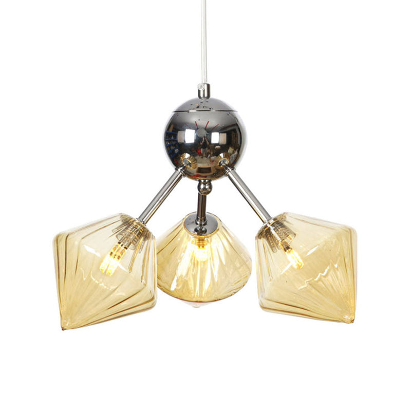 Amber/Clear Glass Diamond Pendant Light Industrial Stylish 3/9/12 Bulbs Chandelier Light Fixture, 13