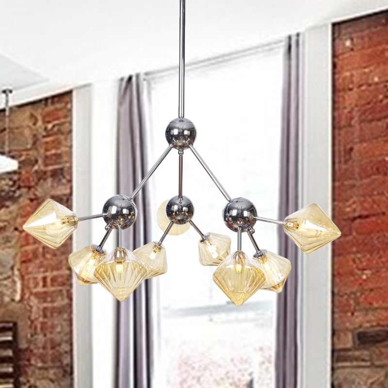 Amber/Clear Glass Diamond Pendant Light Industrial Stylish 3/9/12 Bulbs Chandelier Light Fixture, 13