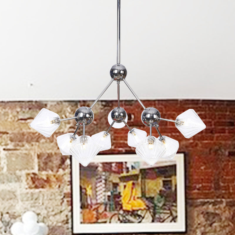 Amber/Clear Glass Diamond Pendant Light Industrial Stylish 3/9/12 Bulbs Chandelier Light Fixture, 13