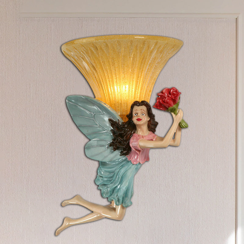 Retro Style Fairy Wall Lighting Fixture 1 Head Resin Blue/Gold Sconce Lamp with Amber Glass Bell Shade Clearhalo 'Wall Lamps & Sconces' 'Wall Lights' Lighting' 282281