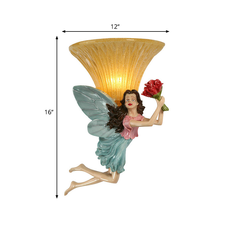 Retro Style Fairy Wall Lighting Fixture 1 Head Resin Blue/Gold Sconce Lamp with Amber Glass Bell Shade Clearhalo 'Wall Lamps & Sconces' 'Wall Lights' Lighting' 282284