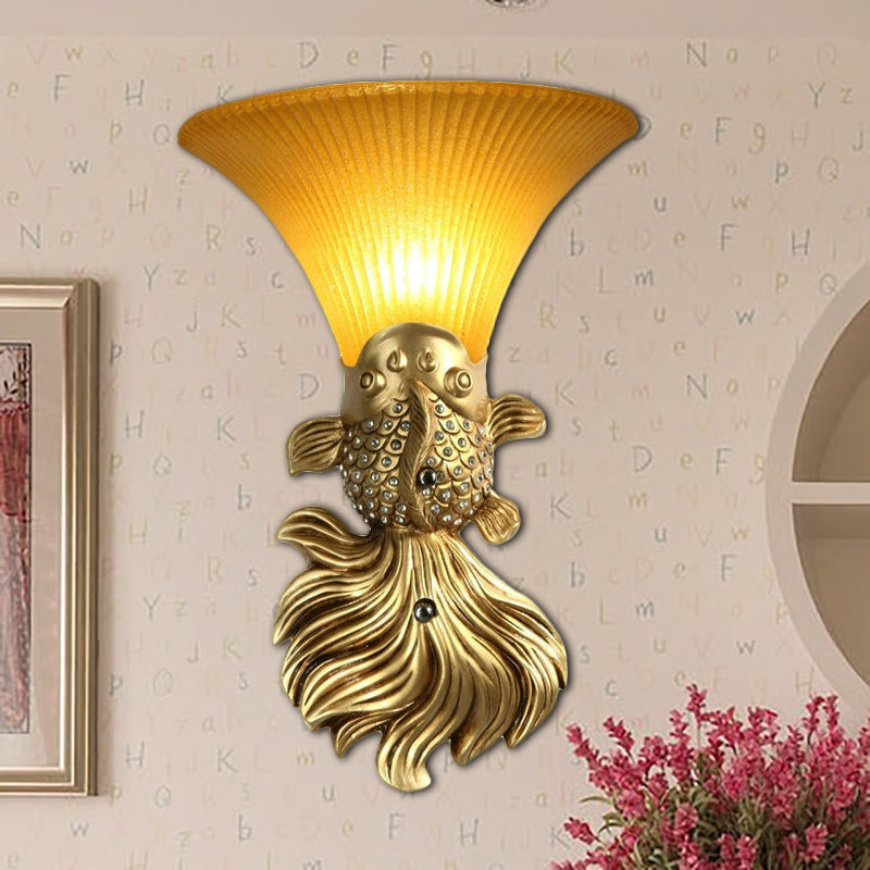 Red/Gold 1 Light Wall Sconce Fixture Lodge Stylish Resin Fish Shape Wall Mount Light with Amber Glass Bell Shade Clearhalo 'Wall Lamps & Sconces' 'Wall Lights' Lighting' 282476