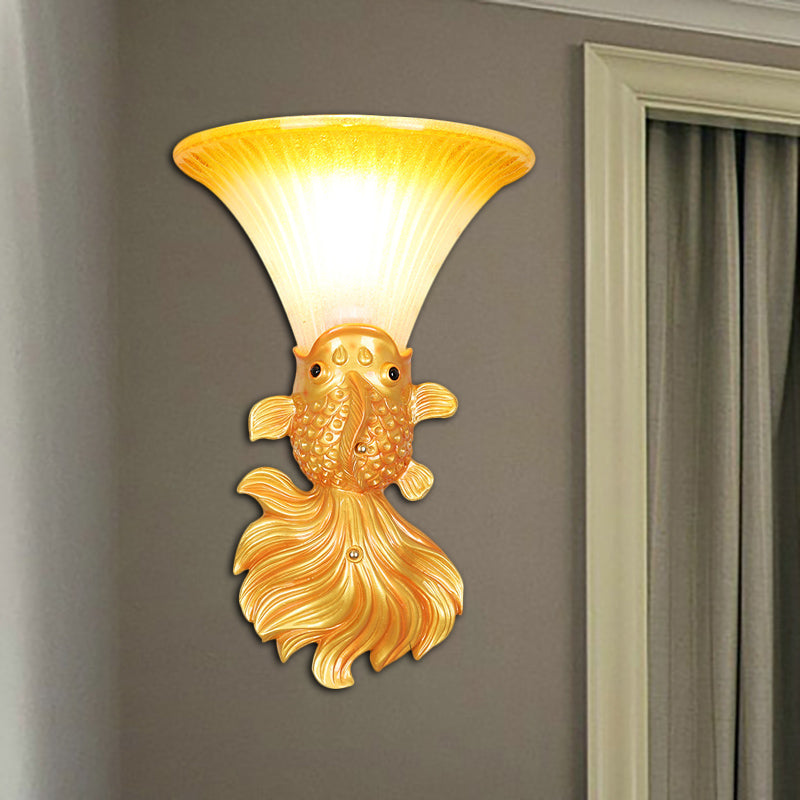 Fish Shape Resin Wall Sconce Country 1 Head Restaurant Red/Gold Finish Wall Mount Lamp with Amber Glass Bell Shade Clearhalo 'Wall Lamps & Sconces' 'Wall Lights' Lighting' 282486