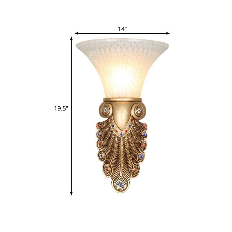 Resin Golden Wall Light Sconce Peacock Tail 1 Light Country Stylish Wall Mount Lamp with Opal Glass Bell Shade Clearhalo 'Wall Lamps & Sconces' 'Wall Lights' Lighting' 282514