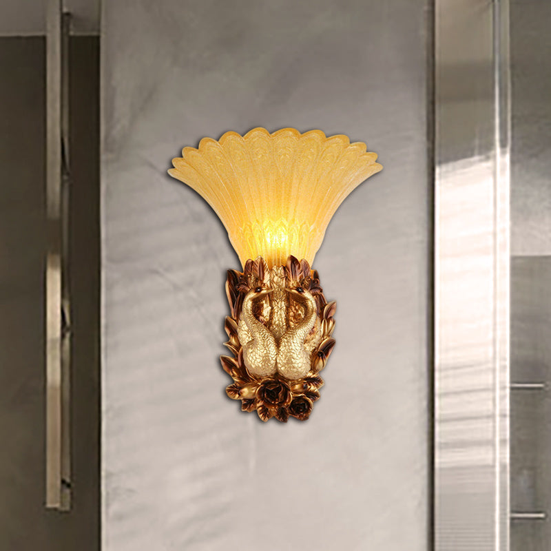 Traditional Style Phoenix Wall Lamp 1 Head Resin and Amber Glass Wall Sconce Light in Gold for Foyer Gold Clearhalo 'Wall Lamps & Sconces' 'Wall Lights' Lighting' 282695