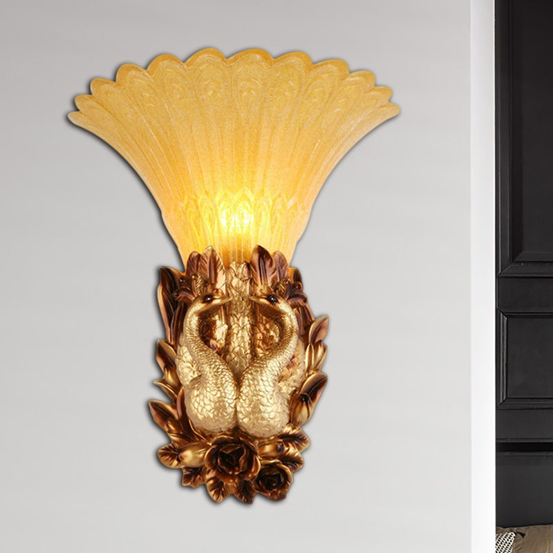 Traditional Style Phoenix Wall Lamp 1 Head Resin and Amber Glass Wall Sconce Light in Gold for Foyer Clearhalo 'Wall Lamps & Sconces' 'Wall Lights' Lighting' 282696