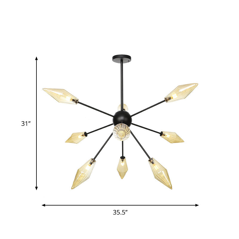 Diamond Shade Chandelier Light Fixture Mid-Century Amber/Clear Ribbed Glass 9/12/15 Lights Living Room Pendant Lighting Clearhalo 'Cast Iron' 'Ceiling Lights' 'Chandeliers' 'Clear' 'Industrial Chandeliers' 'Industrial' 'Metal' 'Middle Century Chandeliers' 'Modern' 'Rustic Chandeliers' 'Tiffany' 'Traditional Chandeliers' Lighting' 282947