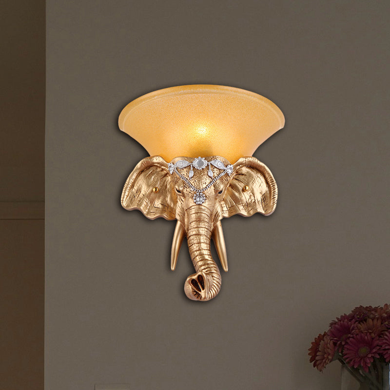 1 Bulb Resin Sconce Lamp Retro Style Golden Elephant Head Bedroom Wall Light with Flared Yellow Glass Shade Gold Clearhalo 'Wall Lamps & Sconces' 'Wall Lights' Lighting' 283046