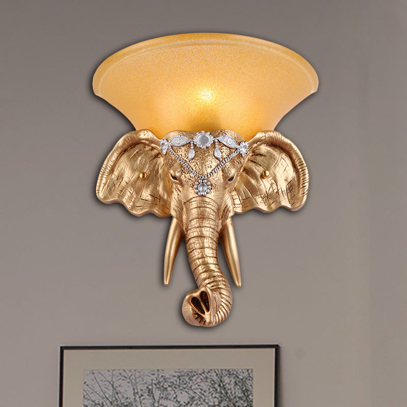 1 Bulb Resin Sconce Lamp Retro Style Golden Elephant Head Bedroom Wall Light with Flared Yellow Glass Shade Clearhalo 'Wall Lamps & Sconces' 'Wall Lights' Lighting' 283047