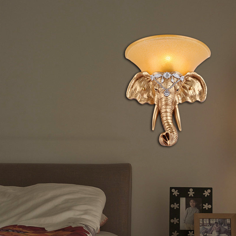 1 Bulb Resin Sconce Lamp Retro Style Golden Elephant Head Bedroom Wall Light with Flared Yellow Glass Shade Clearhalo 'Wall Lamps & Sconces' 'Wall Lights' Lighting' 283048