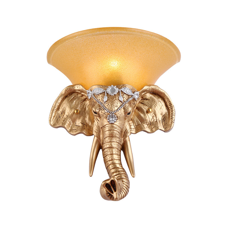 1 Bulb Resin Sconce Lamp Retro Style Golden Elephant Head Bedroom Wall Light with Flared Yellow Glass Shade Clearhalo 'Wall Lamps & Sconces' 'Wall Lights' Lighting' 283049