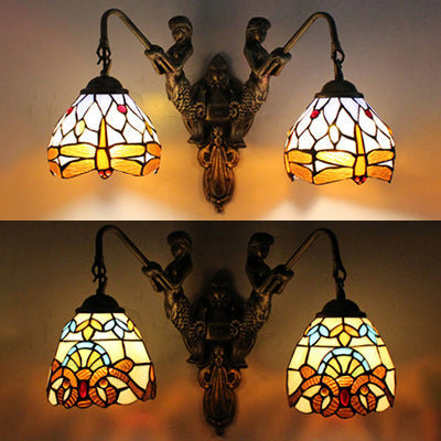 2 Heads Dome Sconce Lighting Tiffany Brass Multicolor Stained Glass Wall Mount Light with Victorian/Dragonfly Pattern Clearhalo 'Industrial' 'Middle century wall lights' 'Tiffany wall lights' 'Tiffany' 'Wall Lamps & Sconces' 'Wall Lights' Lighting' 28349