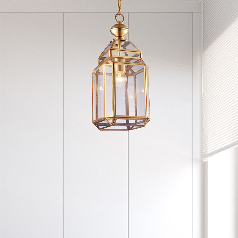 Lantern Clear Glass Suspension Light Colonialist Single Bulb Dining Room Pendant Lamp Brass Clearhalo 'Ceiling Lights' 'Glass shade' 'Glass' 'Pendant Lights' 'Pendants' Lighting' 284713