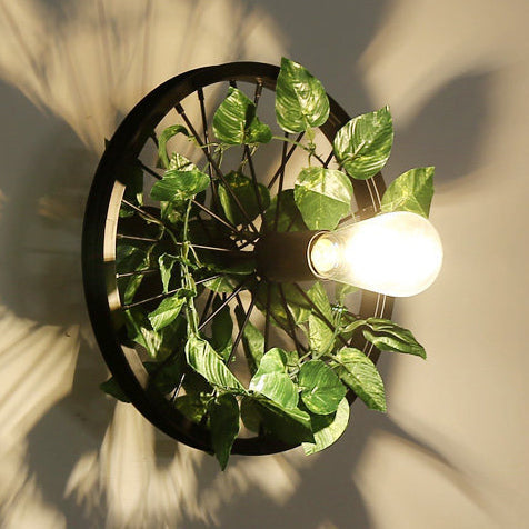 Black 1 Light Wall Mount Light Loft Industrial Metal Wheel Design Wall Lighting with Artificial Flower/Leaf Decoration, 12.5