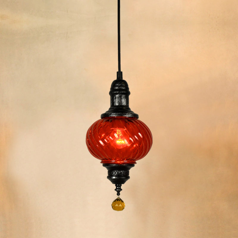 1 Light Pendant Lighting Moroccan Oval Red/Blue/Green Textured Glass Hanging Ceiling Light for Restaurant Red Clearhalo 'Ceiling Lights' 'Chandeliers' 'Glass shade' 'Glass' 'Pendant Lights' 'Pendants' Lighting' 285129