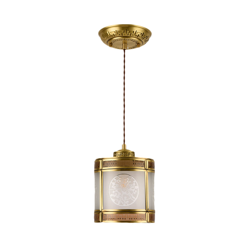 Cylinder Frosted Glass Pendant Lamp Traditional 1 Light Corridor Hanging Ceiling Light in Brass with Metal Frame Clearhalo 'Ceiling Lights' 'Pendant Lights' 'Pendants' Lighting' 285314