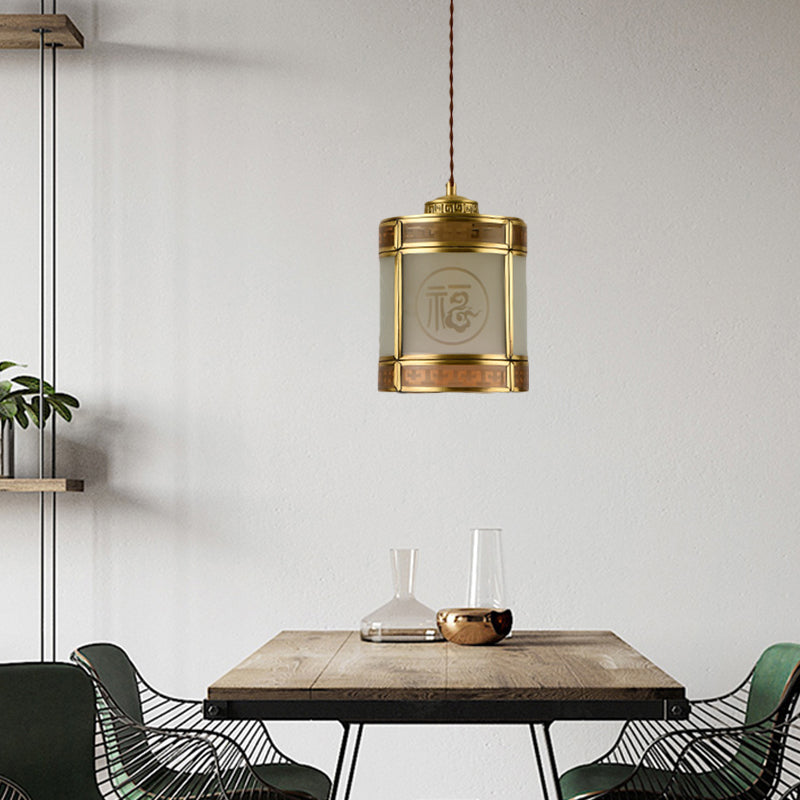 Cylinder Frosted Glass Pendant Lamp Traditional 1 Light Corridor Hanging Ceiling Light in Brass with Metal Frame Clearhalo 'Ceiling Lights' 'Pendant Lights' 'Pendants' Lighting' 285317