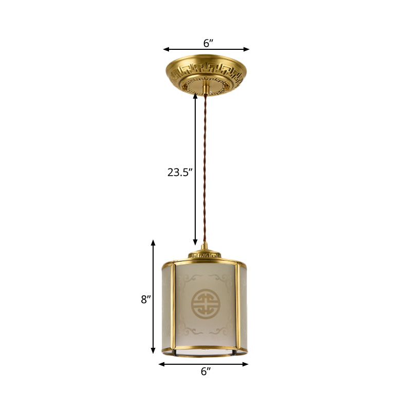 Cylinder Frosted Glass Pendant Lamp Traditional 1 Light Corridor Hanging Ceiling Light in Brass with Metal Frame Clearhalo 'Ceiling Lights' 'Pendant Lights' 'Pendants' Lighting' 285323