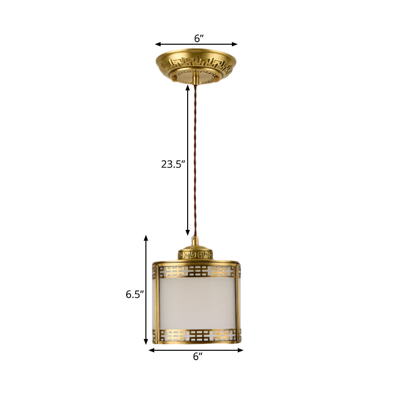 Cylinder Frosted Glass Pendant Lamp Traditional 1 Light Corridor Hanging Ceiling Light in Brass with Metal Frame Clearhalo 'Ceiling Lights' 'Pendant Lights' 'Pendants' Lighting' 285327